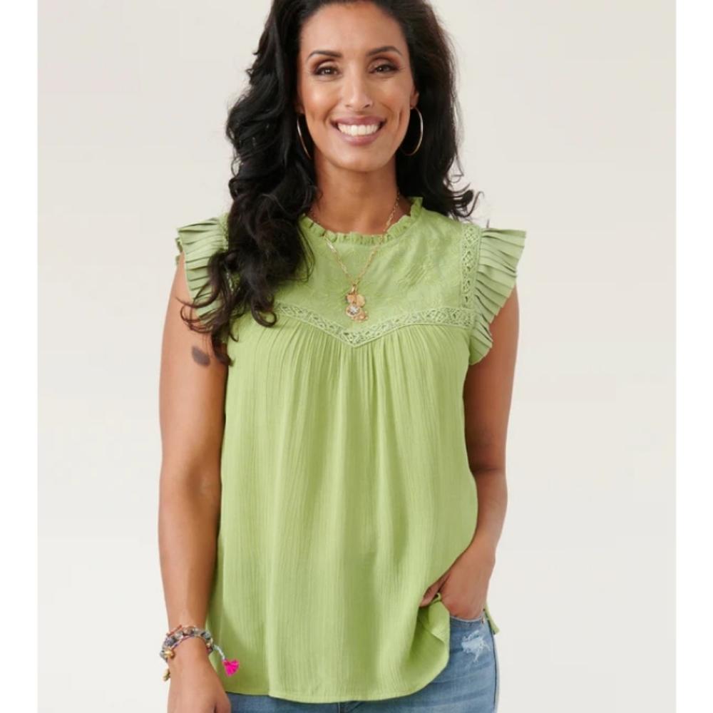 Pleated Sleeve Ruffle Neck Mixed Media Woven Top